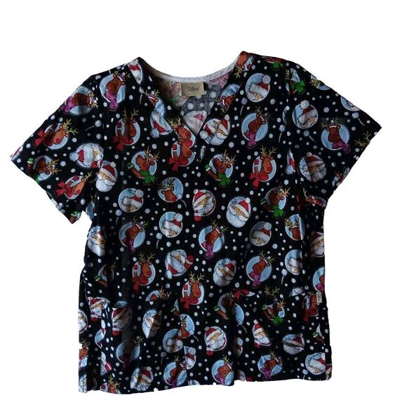Tafford Christmas Scrub Top Black Women's Santa Claus Reindeers Snow Large - Picture 10 of 10